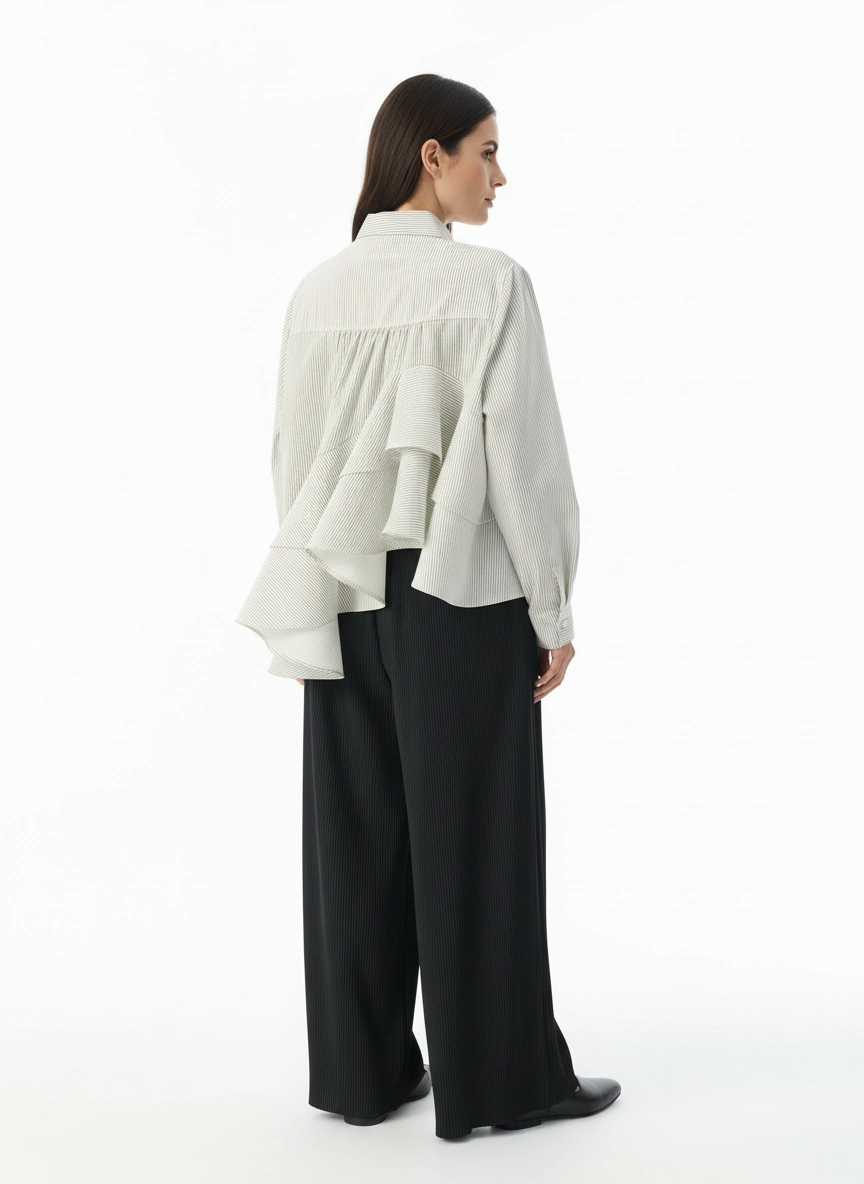 Asymmetric Striped Ruffle Shirt – Cream-SimpleModerne
