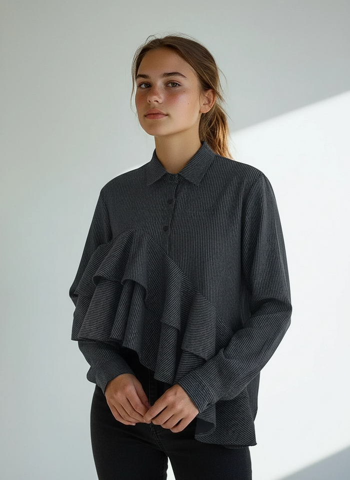 Asymmetrical Ruffle Pinstripe Shirt
