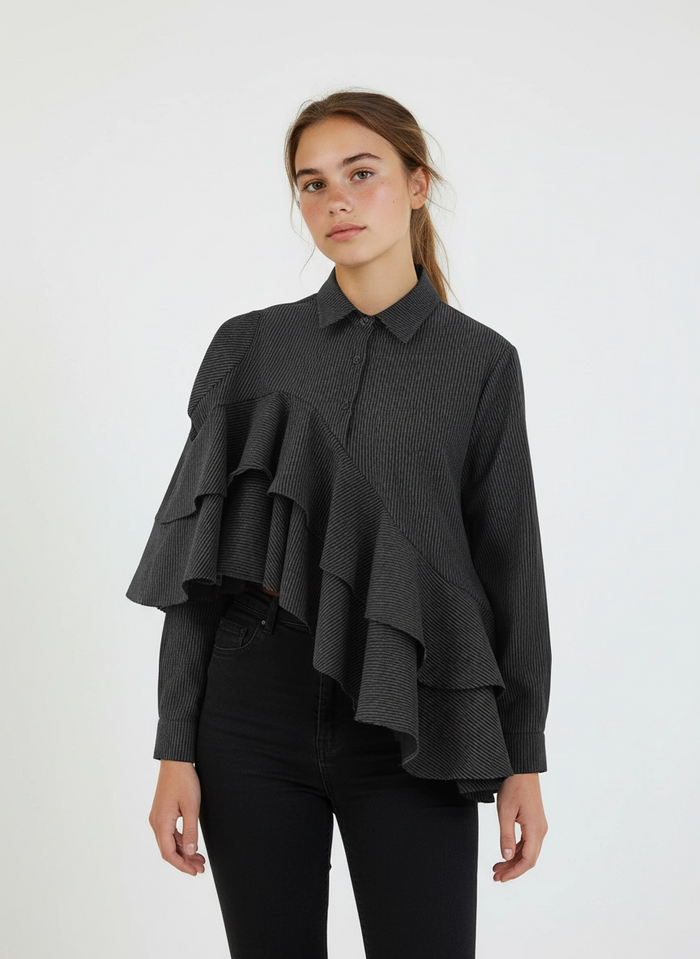 Asymmetrical Ruffle Pinstripe Shirt