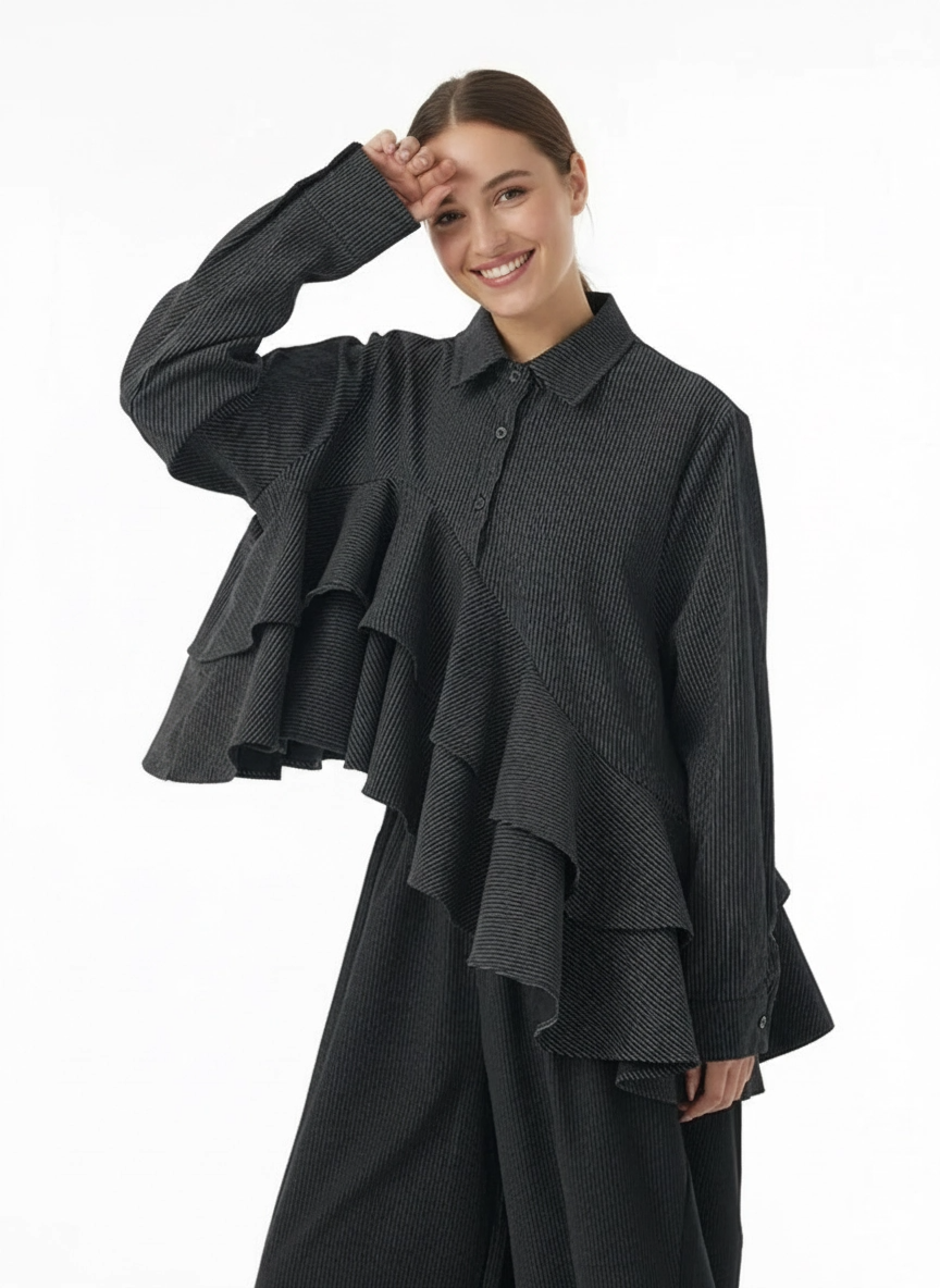 Asymmetrical Ruffle Pinstripe Shirt