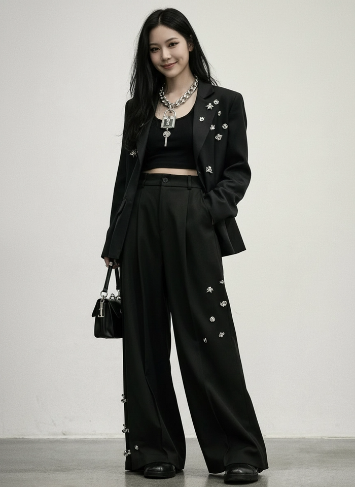 Embellished Wide-Leg Gothic Trousers