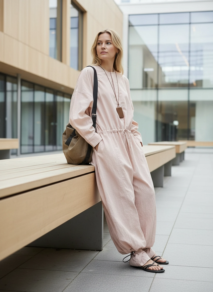 Industrial Wide-Leg Jumpsuit with Adjustable Waist — Blush Pink-SimpleModerne