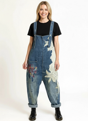 Vintage Oversized Capri Denim Overalls with Floral Print & Distressed Details-SimpleModerne