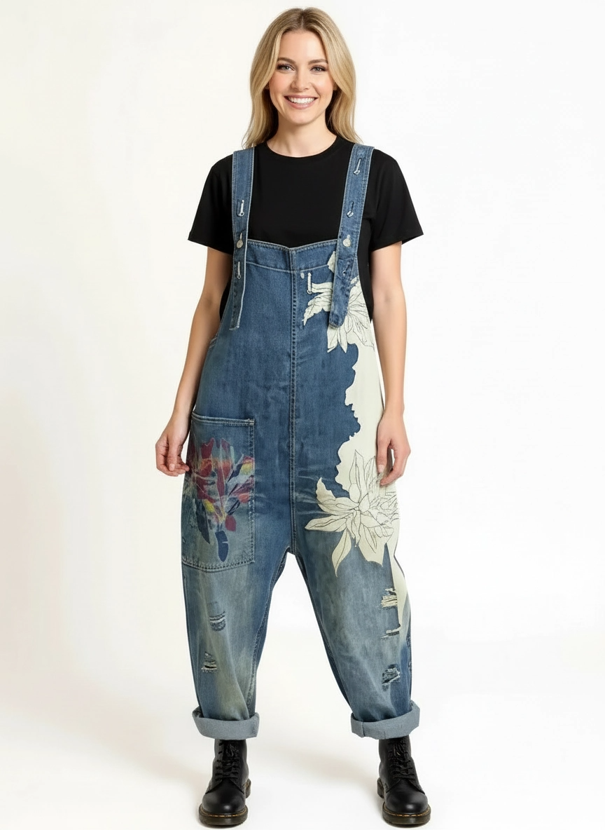 Vintage Oversized Capri Denim Overalls with Floral Print & Distressed Details-SimpleModerne