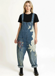 Vintage Oversized Capri Denim Overalls with Floral Print & Distressed Details-SimpleModerne