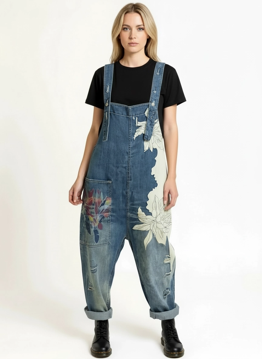 Vintage Oversized Capri Denim Overalls with Floral Print & Distressed Details-SimpleModerne