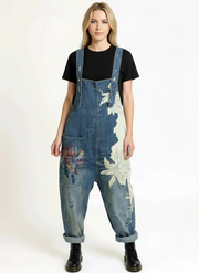 Vintage Oversized Capri Denim Overalls with Floral Print & Distressed Details-SimpleModerne