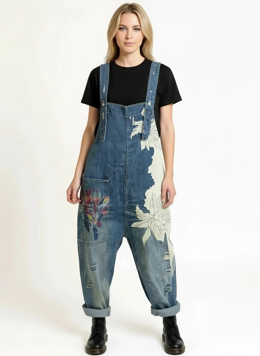 Vintage Oversized Capri Denim Overalls with Floral Print & Distressed Details-SimpleModerne