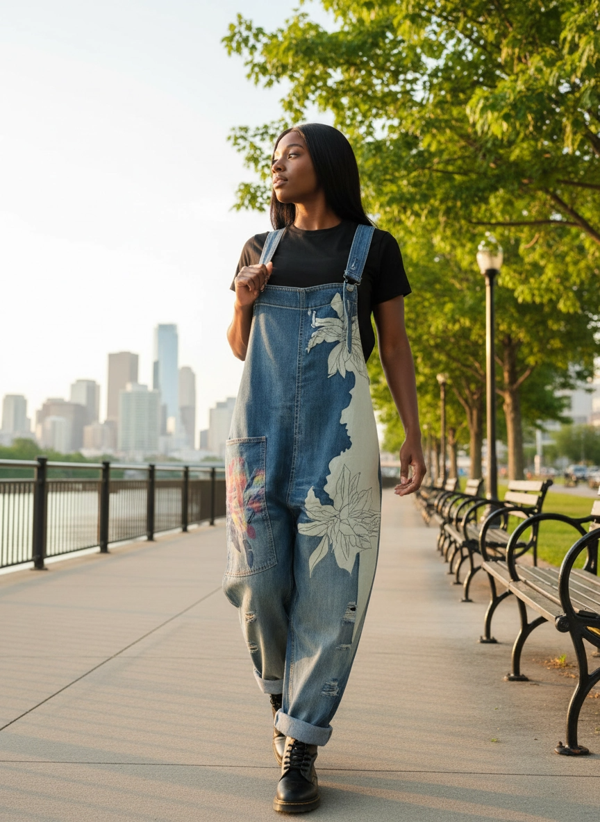 Vintage Oversized Capri Denim Overalls with Floral Print & Distressed Details-SimpleModerne