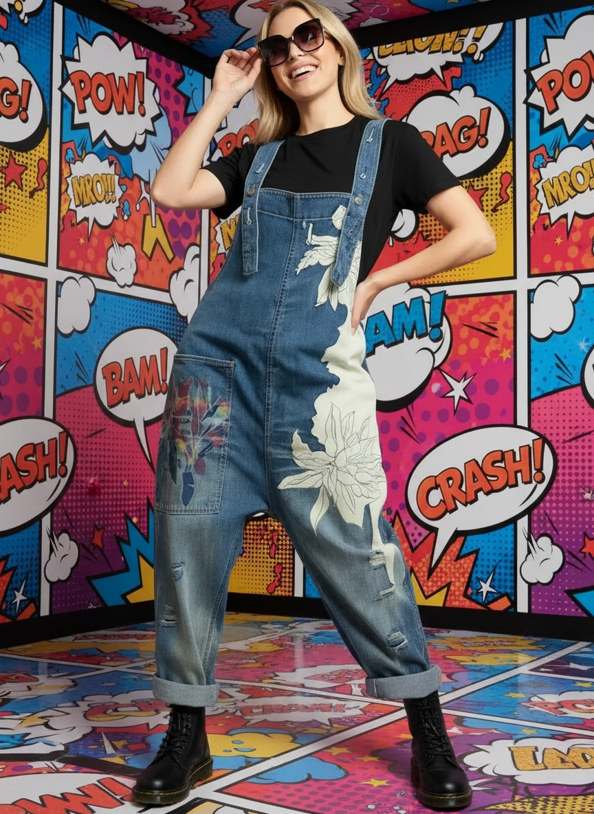 Vintage Oversized Capri Denim Overalls with Floral Print & Distressed Details-SimpleModerne