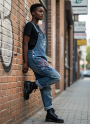 Vintage Oversized Capri Denim Overalls with Floral Print & Distressed Details-SimpleModerne