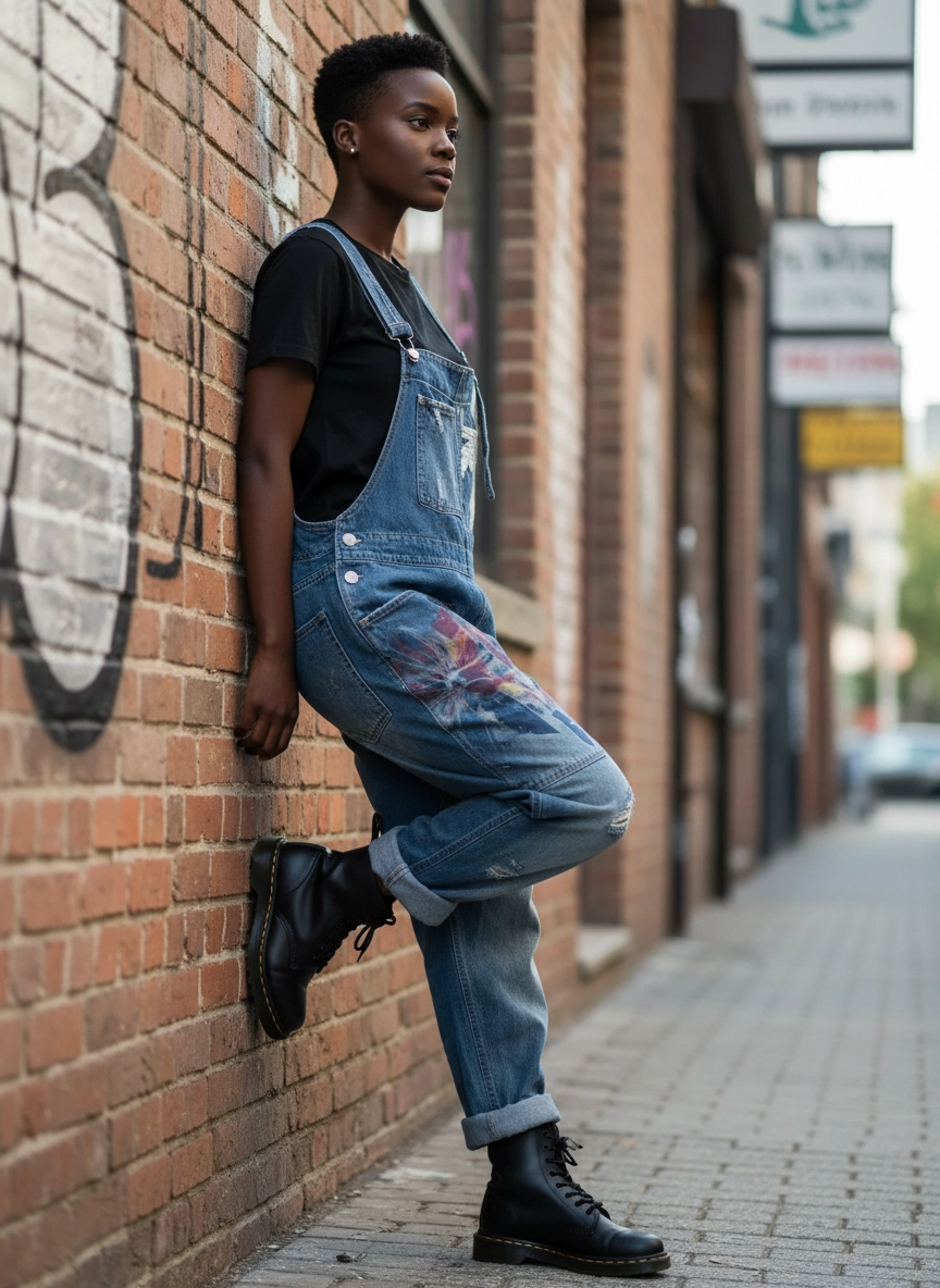 Vintage Oversized Capri Denim Overalls with Floral Print & Distressed Details-SimpleModerne