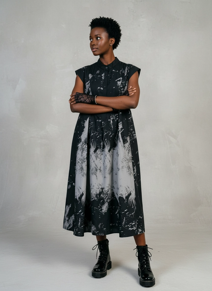 Gothic Sleeveless Tie-Dye Print Dress with Mandarin Collar-SimpleModerne
