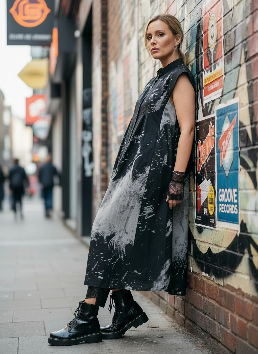 Gothic Sleeveless Tie-Dye Print Dress with Mandarin Collar-SimpleModerne