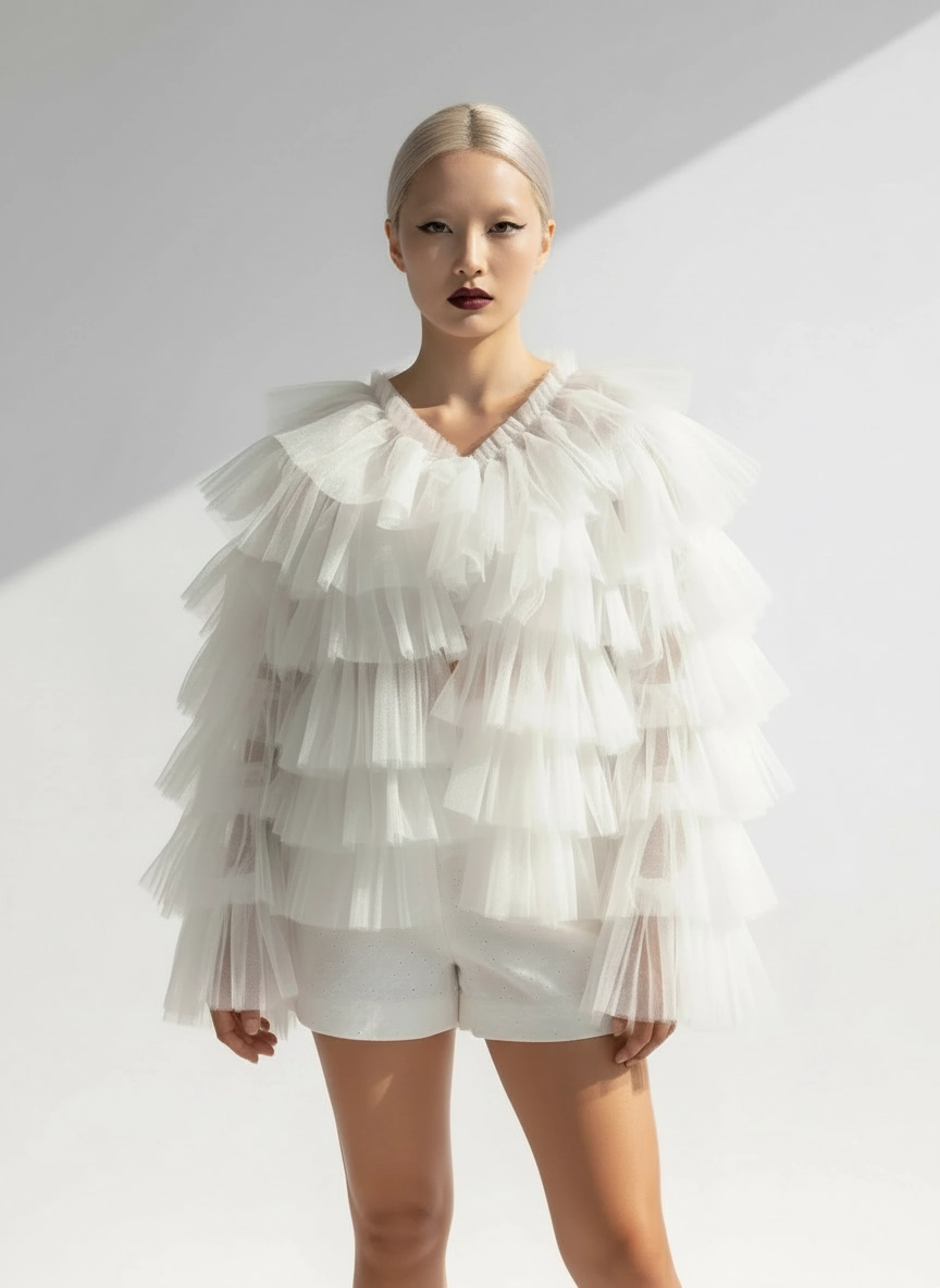 White Tulle Ruffle Cardigan-SimpleModerne