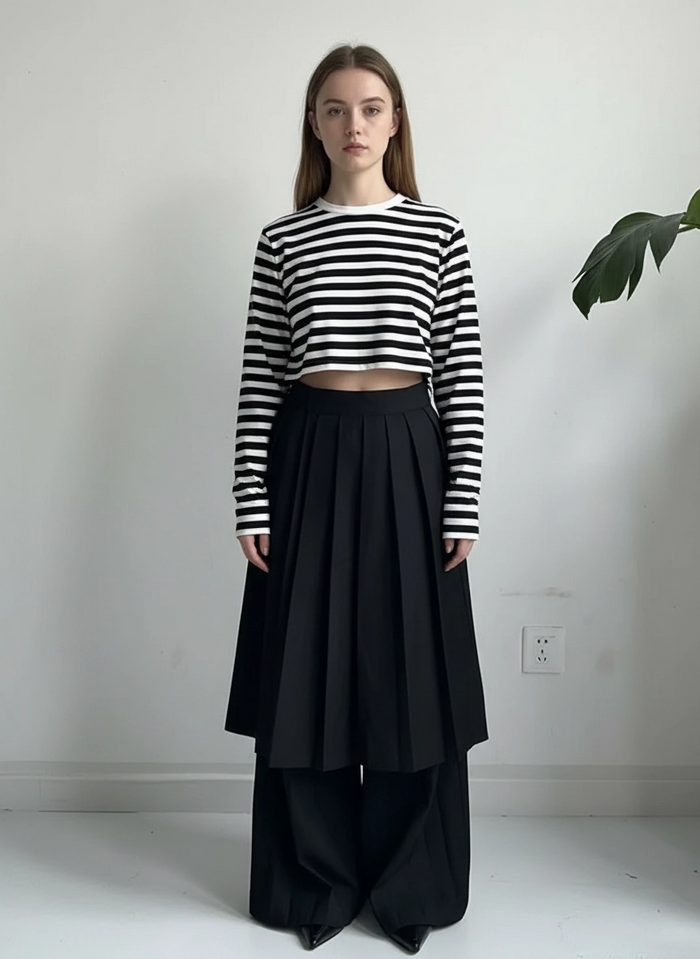 Pleated Overlay Wide-Leg Trousers-SimpleModerne