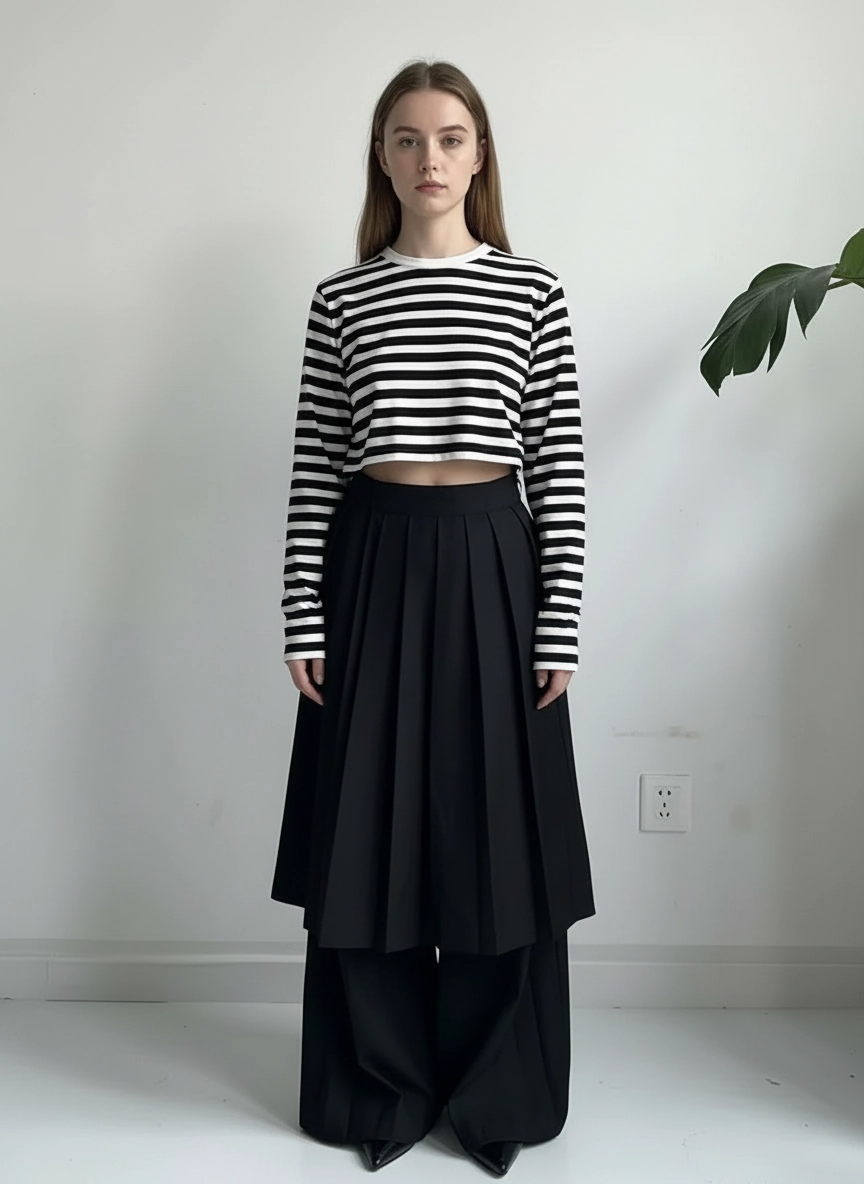 Pleated Overlay Wide-Leg Trousers-SimpleModerne