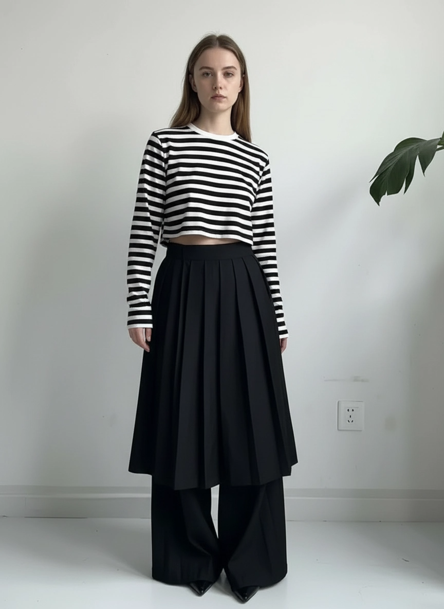 Pleated Overlay Wide-Leg Trousers-SimpleModerne