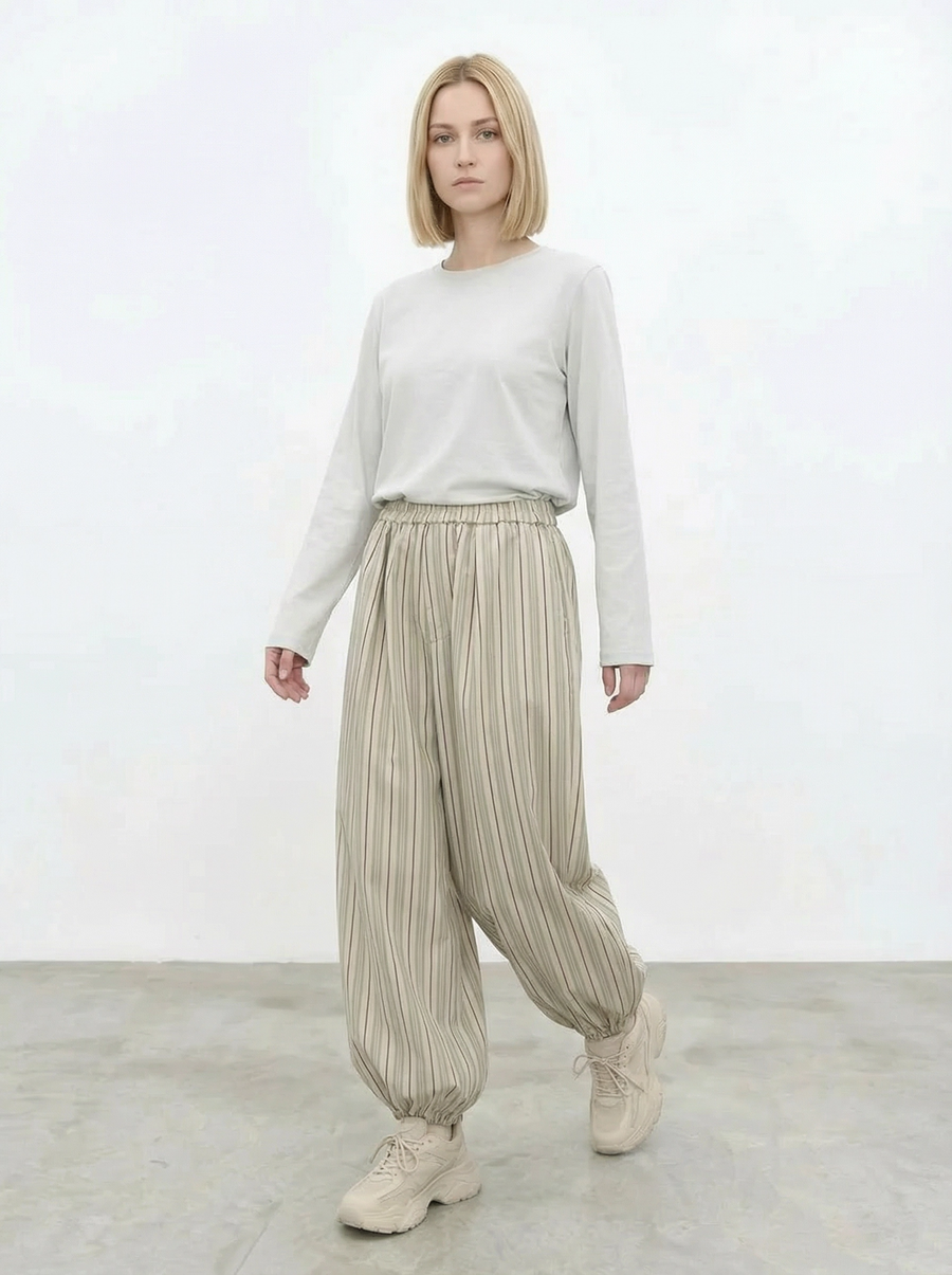 Sand Striped Relaxed Balloon Trousers
