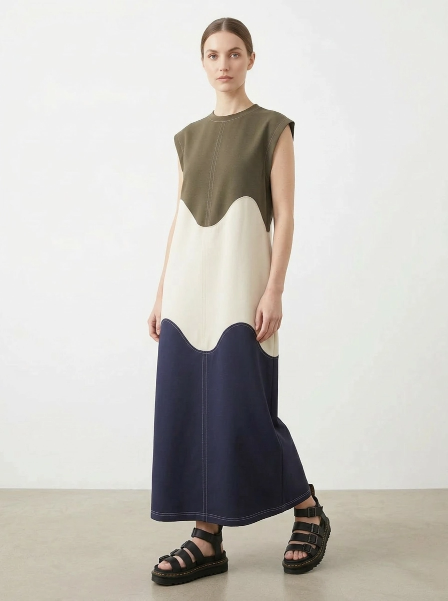 Sculptural Color-Block Midi Dress-SimpleModerne