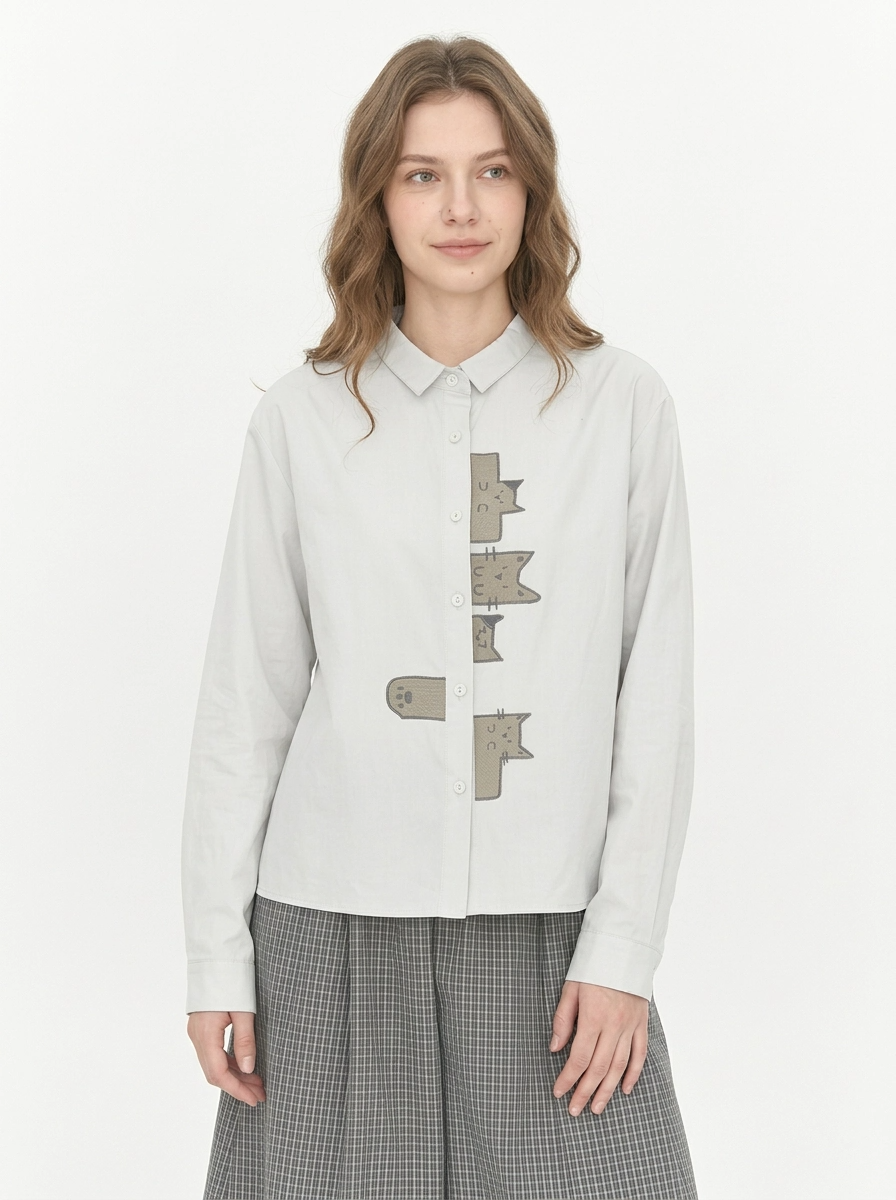 Playful Cat Print Shirt Blouse