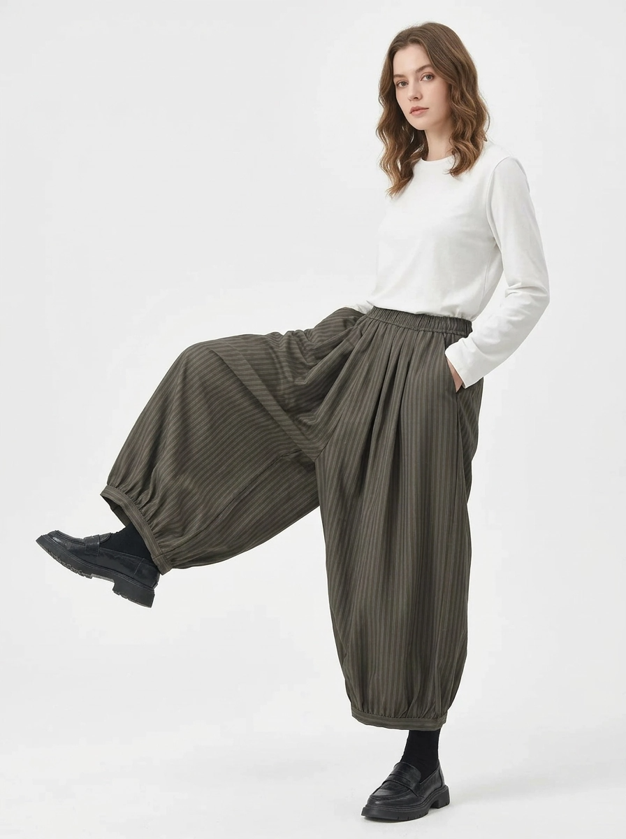 Japanese Style Balloon Trousers – Pinstripe Wide Leg Pants – Elastic Waist