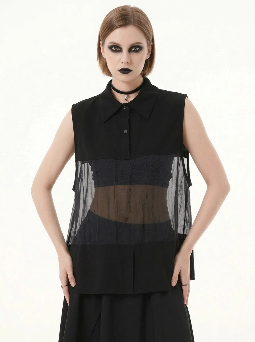 Sheer Panel Sleeveless Shirt-SimpleModerne