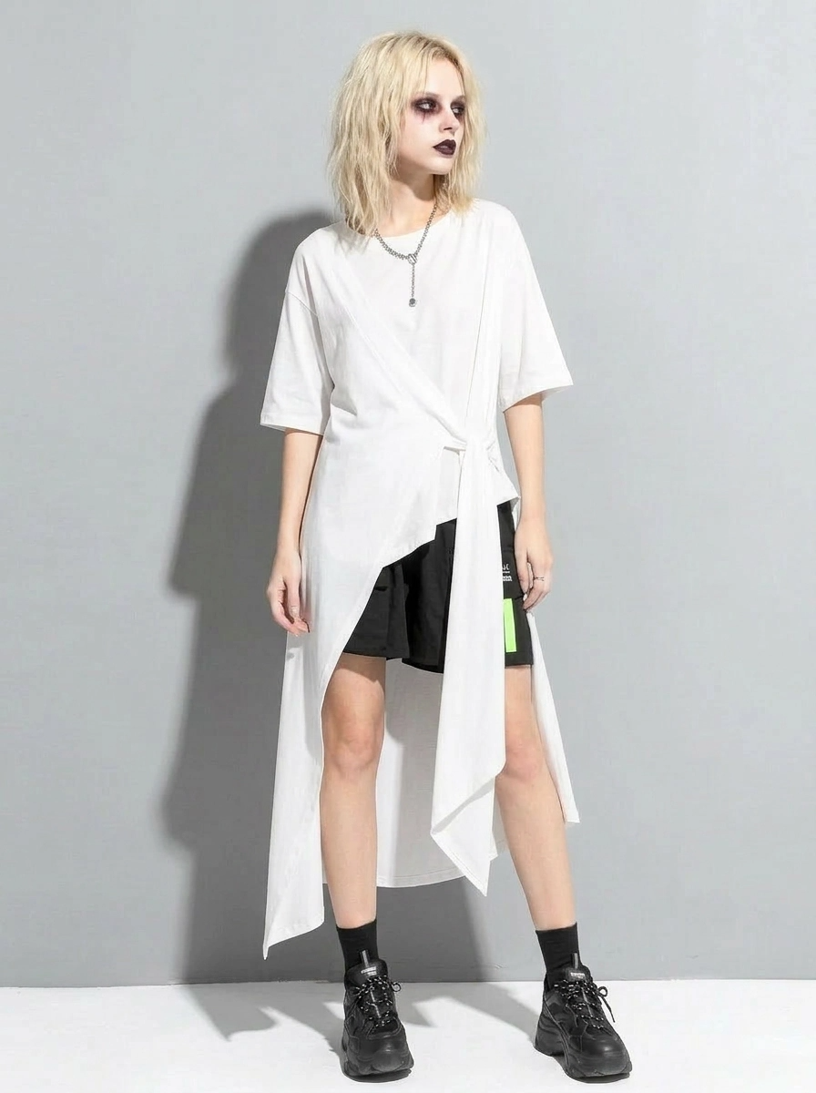 Casual Punk Irregular Design Maxi White Shirt-SimpleModerne