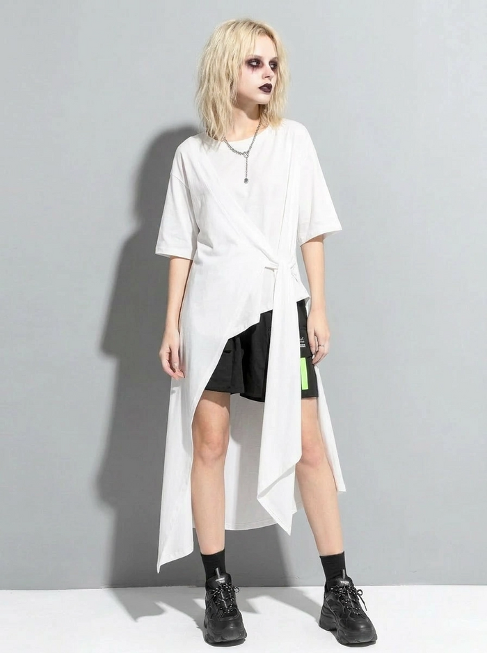 Casual Punk Irregular Design Maxi White Shirt-SimpleModerne