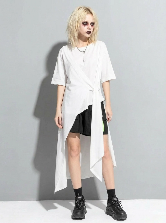 Casual Punk Irregular Design Maxi White Shirt-SimpleModerne