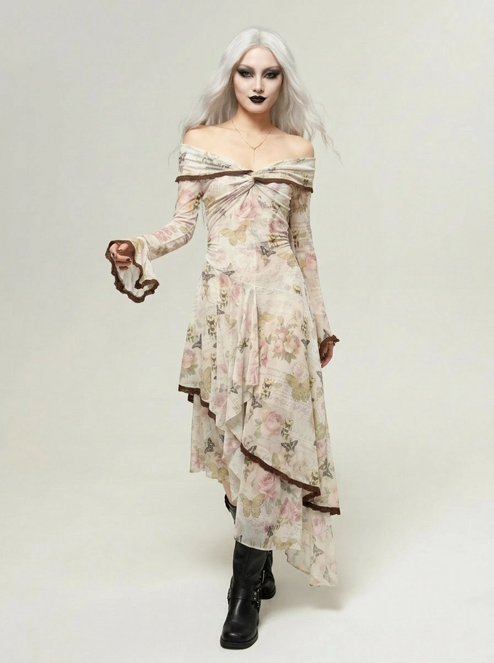 Minimalist Goth Off-Shoulder Dress – Asymmetrical Floral Mesh Maxi-SimpleModerne