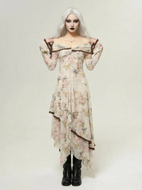 Minimalist Goth Off-Shoulder Dress – Asymmetrical Floral Mesh Maxi-SimpleModerne