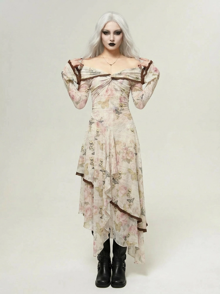 Minimalist Goth Off-Shoulder Dress – Asymmetrical Floral Mesh Maxi-SimpleModerne