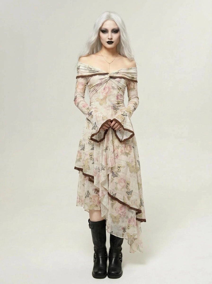 Minimalist Goth Off-Shoulder Dress – Asymmetrical Floral Mesh Maxi-SimpleModerne