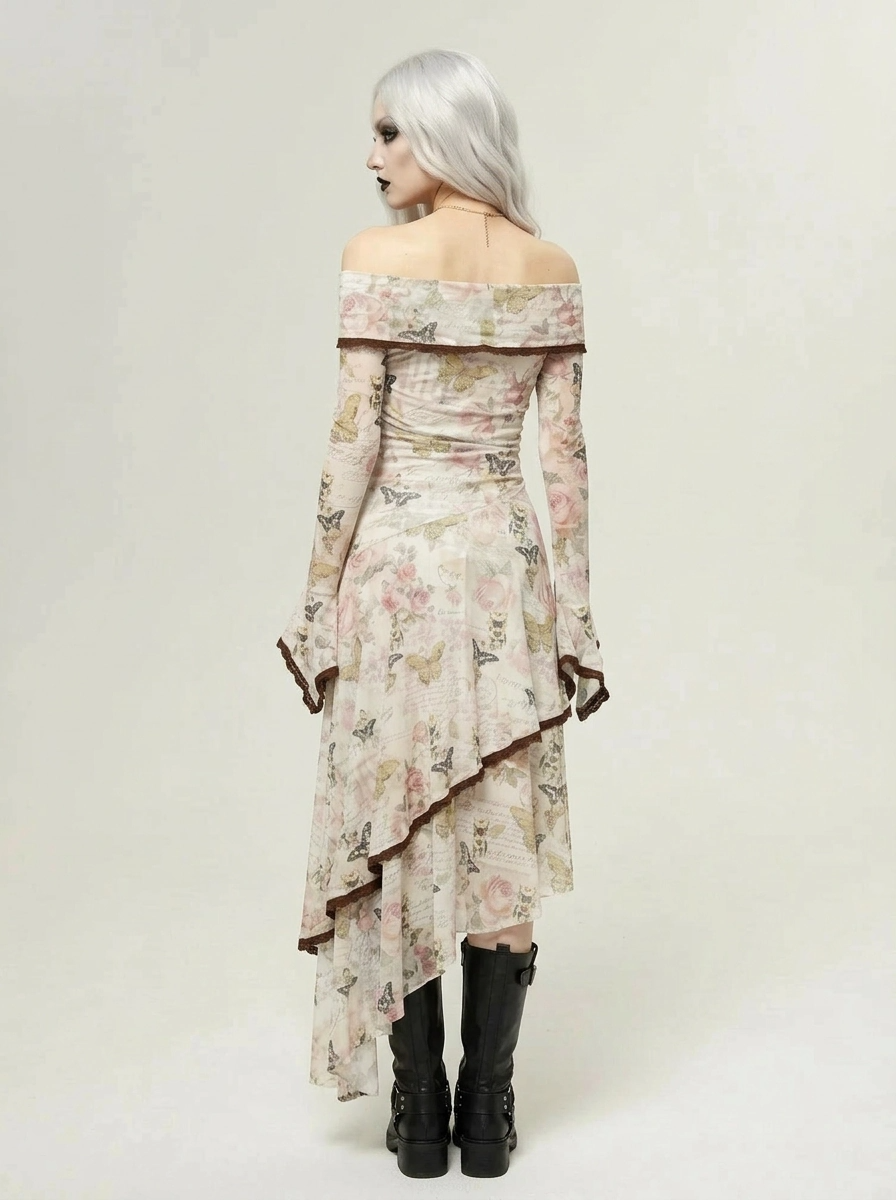 Minimalist Goth Off-Shoulder Dress – Asymmetrical Floral Mesh Maxi-SimpleModerne