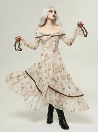 Minimalist Goth Off-Shoulder Dress – Asymmetrical Floral Mesh Maxi-SimpleModerne