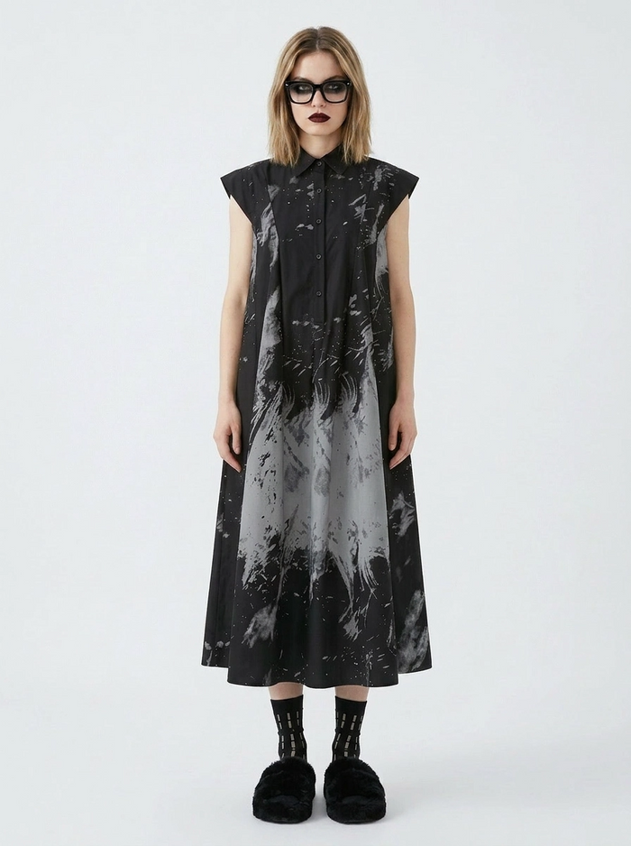 Gothic Sleeveless Tie-Dye Print Dress with Mandarin Collar-SimpleModerne