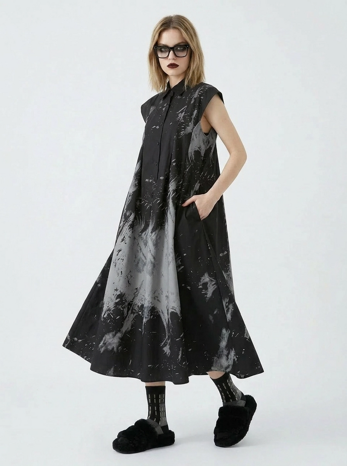 Gothic Sleeveless Tie-Dye Print Dress with Mandarin Collar-SimpleModerne
