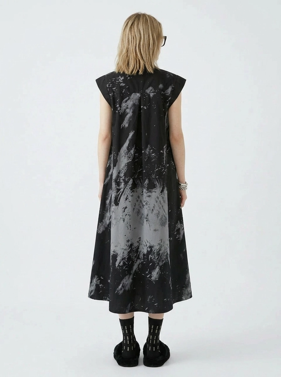 Gothic Sleeveless Tie-Dye Print Dress with Mandarin Collar SimpleModerne Gothic Sleeveless Tie-Dye Print Dress with Mandarin Collar SimpleModerne