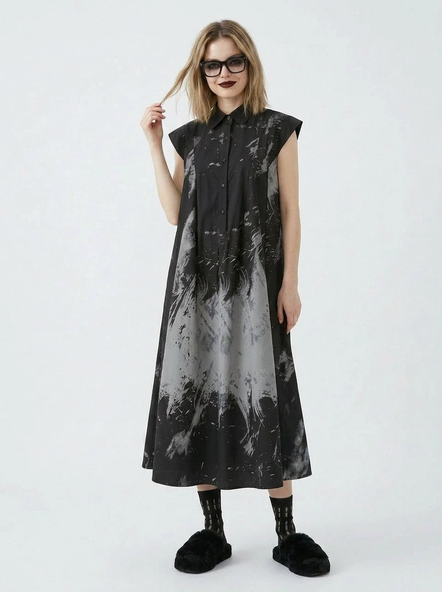 black tie dye dress Gothic Sleeveless Tie-Dye Print Dress with Mandarin Collar – SimpleModerne