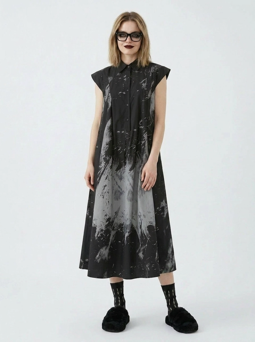 black and white tie dye dress Gothic Sleeveless Tie-Dye Print Dress with Mandarin Collar – SimpleModerne