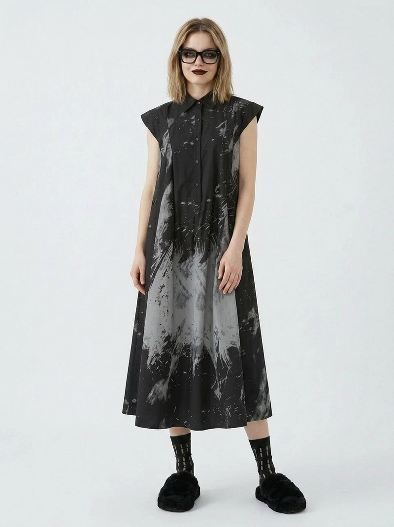 black and white tie dye dress Gothic Sleeveless Tie-Dye Print Dress with Mandarin Collar – SimpleModerne