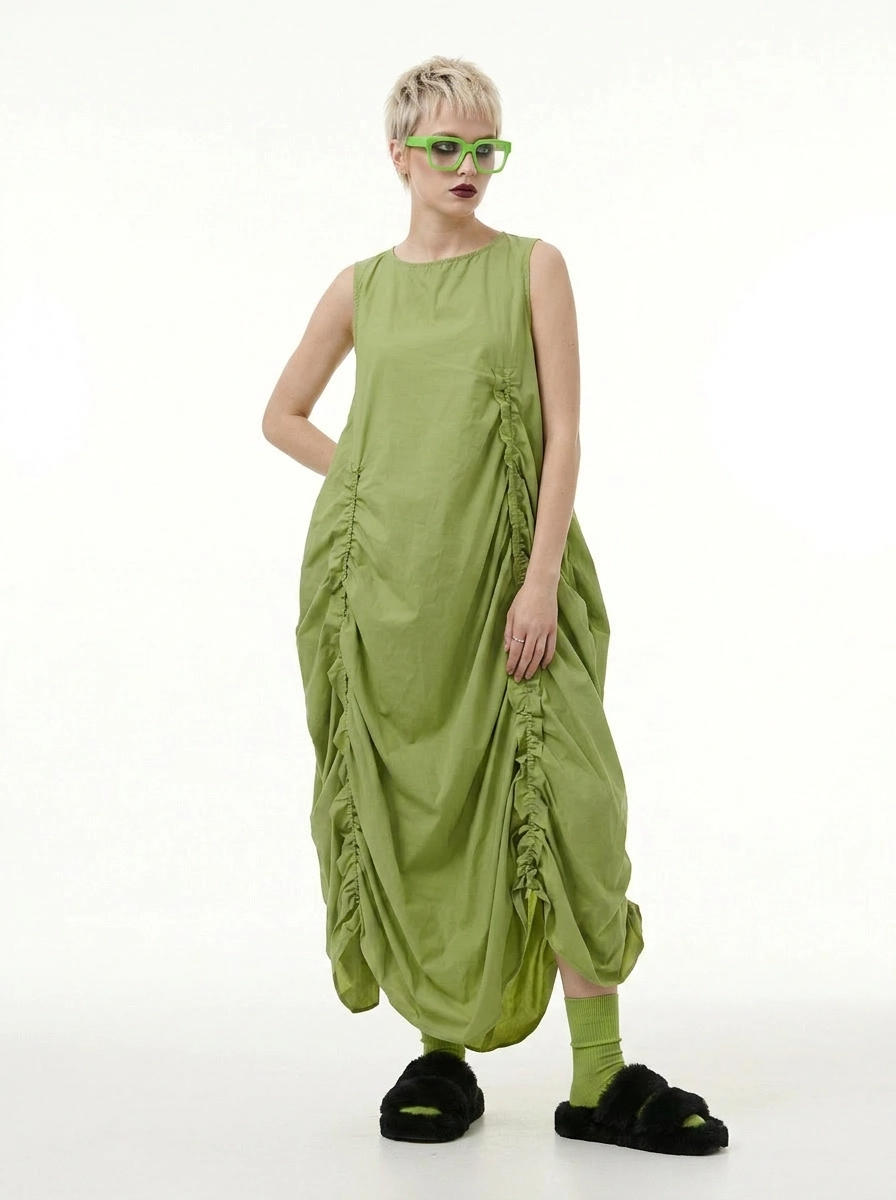 Minimalist Avant-Garde Draped Dress – Oversized Ruched Midi in Olive G –  SimpleModerne