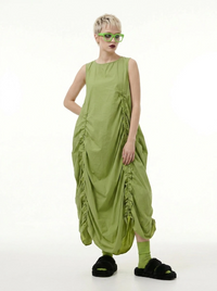 Minimalist Avant-Garde Draped Dress – Oversized Ruched Midi in Olive Green-SimpleModerne