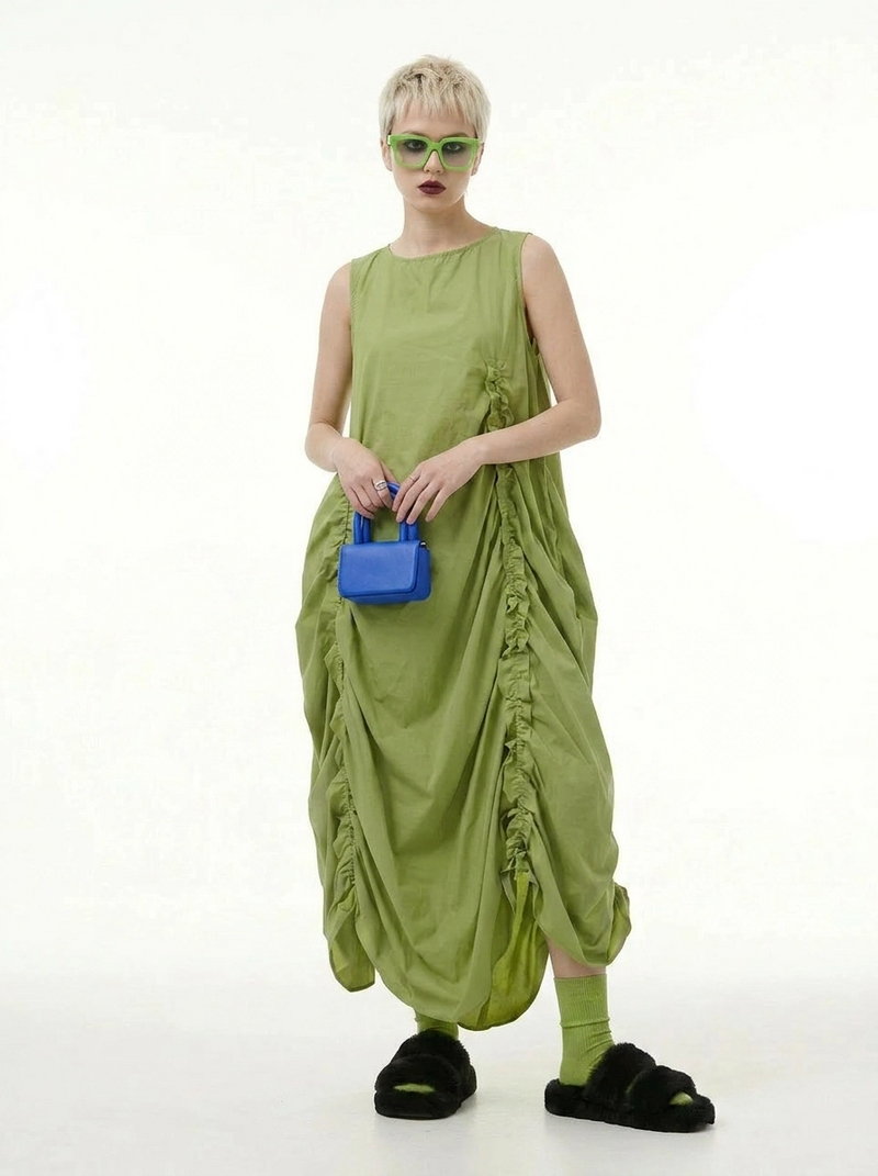 Minimalist Avant-Garde Draped Dress Oversized Ruched Midi in Olive G SimpleModerne Minimalist Avant-Garde Draped Dress Oversized Ruched Midi in Olive G SimpleModerne