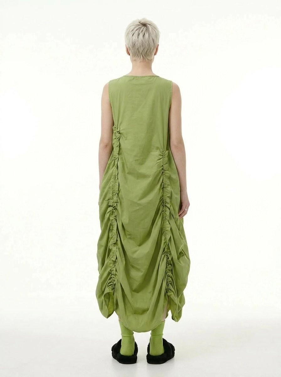 Minimalist Avant-Garde Draped Dress – Oversized Ruched Midi in Olive Green-SimpleModerne