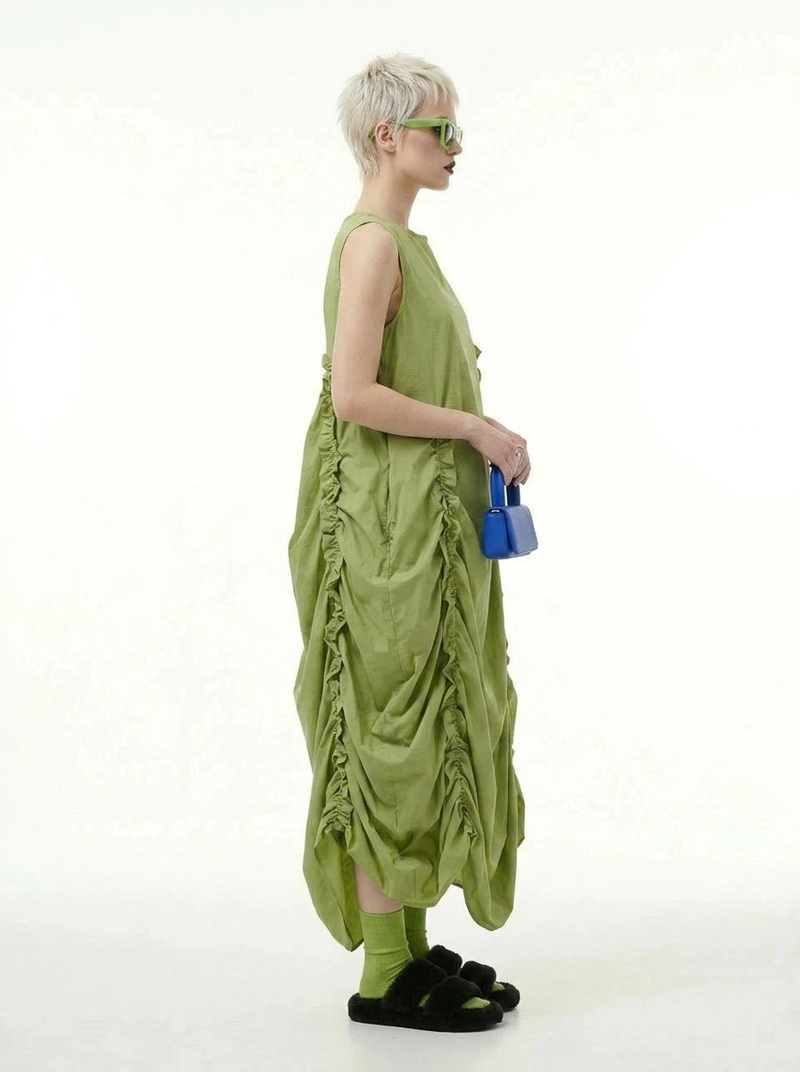 Minimalist Avant-Garde Draped Dress – Oversized Ruched Midi in Olive Green-SimpleModerne