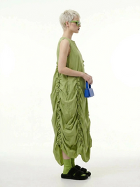 Minimalist Avant-Garde Draped Dress – Oversized Ruched Midi in Olive Green-SimpleModerne