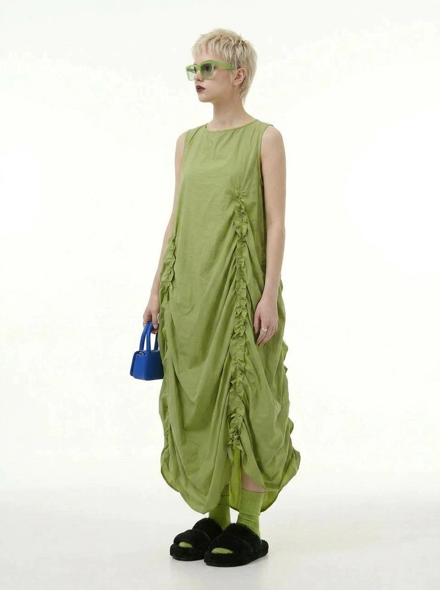 Minimalist Avant-Garde Draped Dress – Oversized Ruched Midi in Olive Green-SimpleModerne