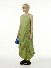 Minimalist Avant-Garde Draped Dress – Oversized Ruched Midi in Olive Green-SimpleModerne